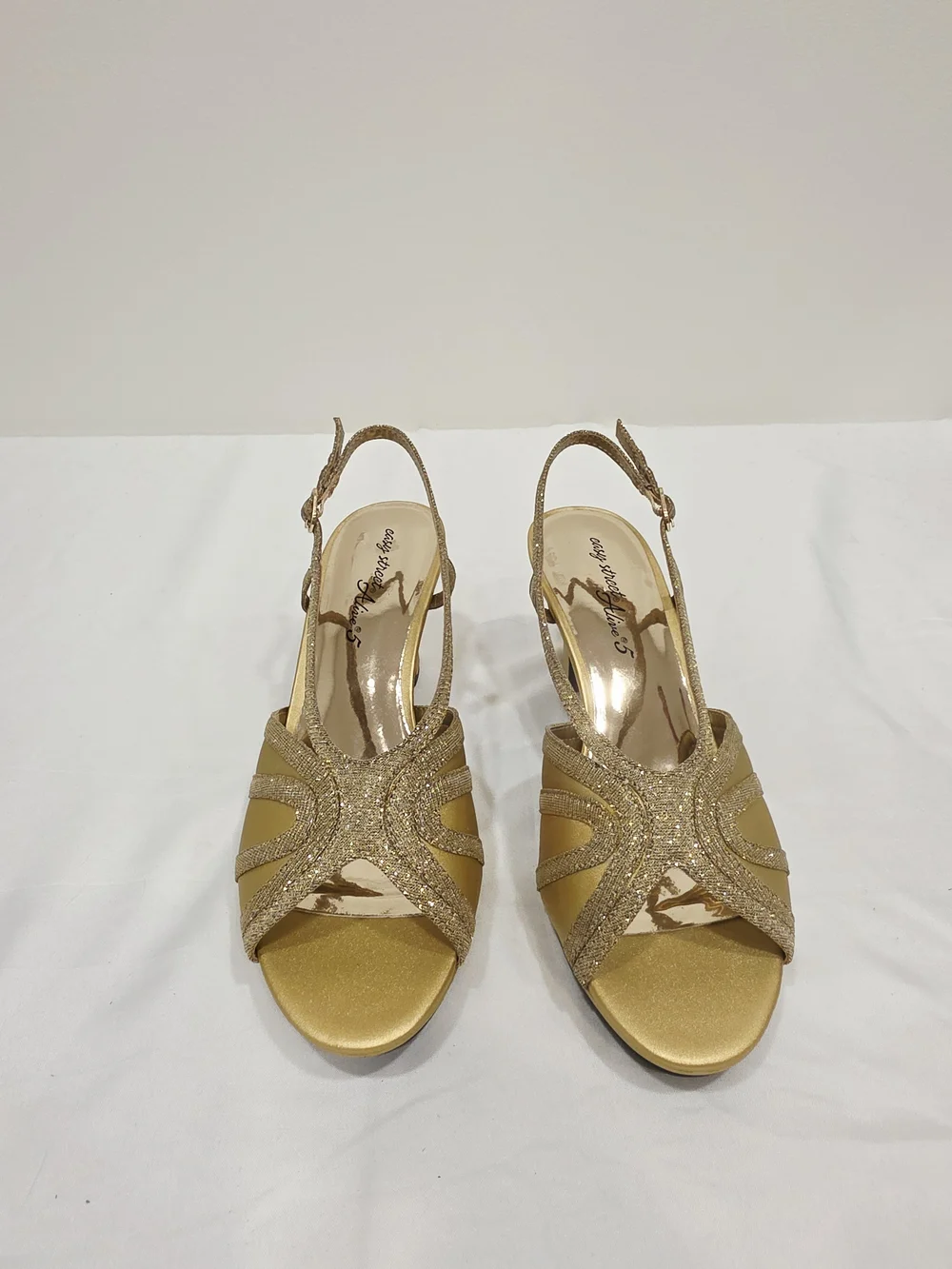 easy street Gold Satin Glitter Starlight Wide Size 10 Slingback Heels